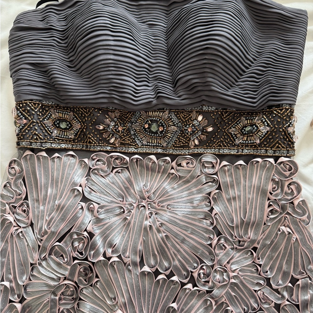 Sue Wong Gray and Pink Beaded Strapless Dress